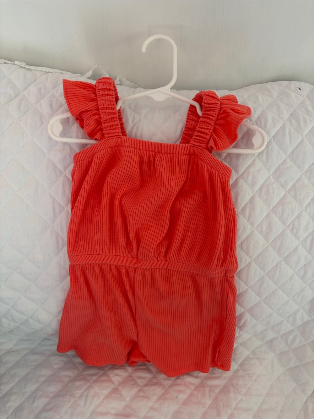 Old Navy Coral Ribbed Ruffled Strap Romper